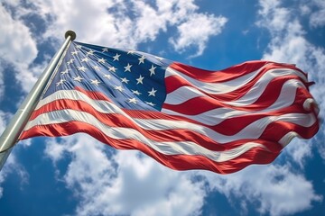 Fototapeta premium American flag flying in the blue sky. Generative AI.