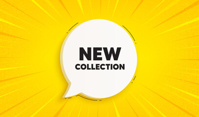 New collection tag. Speech bubble sunburst banner. New fashion arrival sign. Advertising offer symbol. New collection chat speech message. Yellow sun burst background. Vector