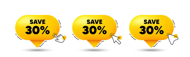 Save 30 percent off tag. Click here buttons. Sale Discount offer price sign. Special offer symbol. Discount speech bubble chat message. Talk box infographics. Vector