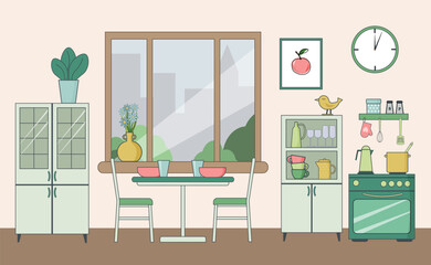 Kitchen dining area. Stylish and modern interior. Window, sideboard for dishes, table and chairs, shelves. Vector. For the design of flyers and brochures, furniture stores, social networks and