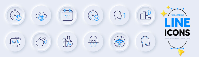 Ab testing, Annual calendar and Blood donation line icons for web app. Pack of 5g internet, Chemistry flask, Cable section pictogram icons. Cloud computing, Quarantine, Face recognition signs. Vector