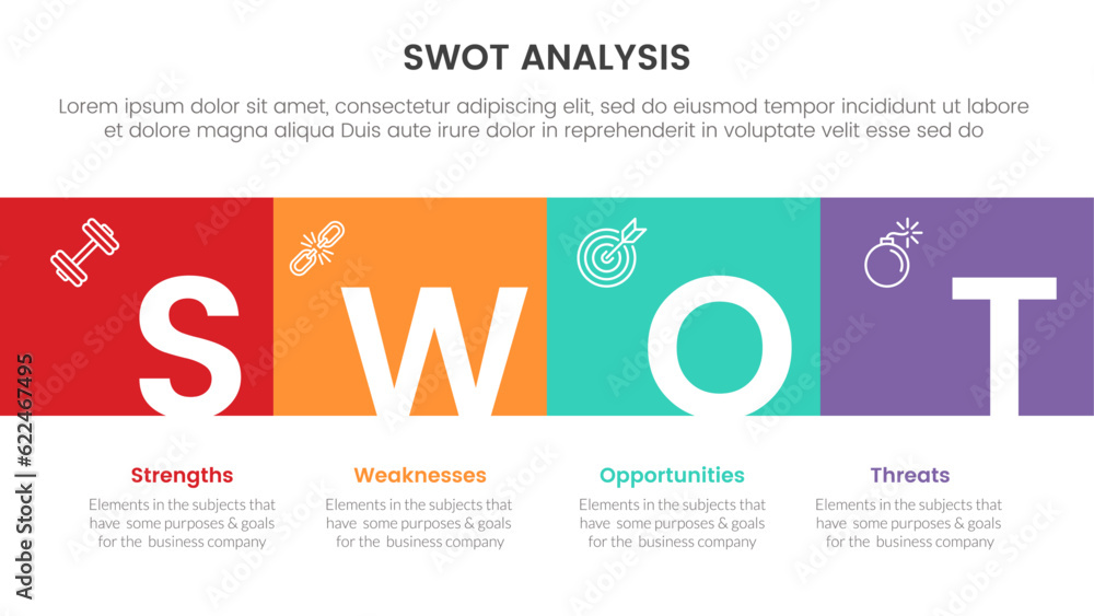 Poster swot analysis concept with for infographic template banner with square box full width and title badg
