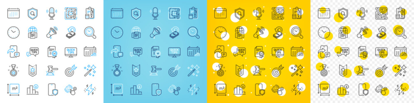 Vector icons set of Quick tips, Magic wand and Power line icons pack for web with Calendar graph, Accounting, Calendar outline icon. Phone protect, Square area, Shoulder strap pictogram. Vector