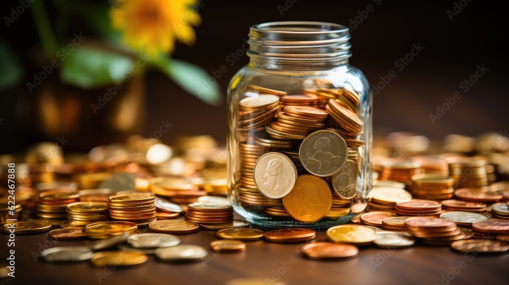 Poster A jar filled with coins sitting on top of a table. Generative AI image.