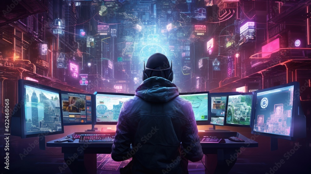 Poster depict a skilled cyberpunk hacker in a futuristic setting, surrounded by holographic interfaces, int