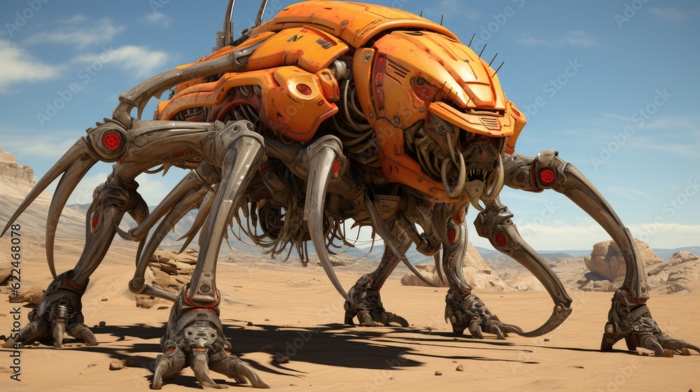 Poster a giant orange robot standing in the desert. generative ai image.