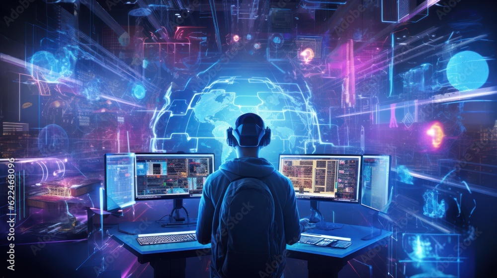 Poster depict a skilled cyberpunk hacker in a futuristic setting, surrounded by holographic interfaces, int