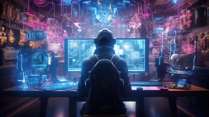 Depict a skilled cyberpunk hacker in a futuristic setting, surrounded by holographic interfaces, intricate code, and virtual reality elements