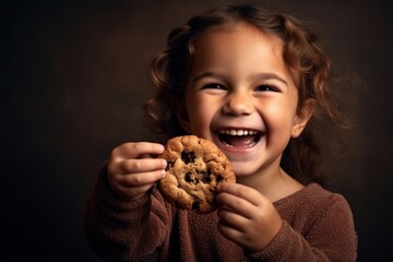 Naklejka premium A child holding a cookie with a big smile on their face, showcasing the joy and excitement that comes with enjoying a delicious treat. Generative Ai