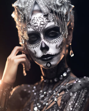 Woman with sugar skull makeup with jewelry. close-up.Dia de los muertos, mexican holiday of the dead Generative AI