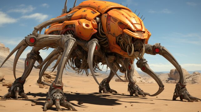 A giant orange robot standing in the desert. Generative AI image.