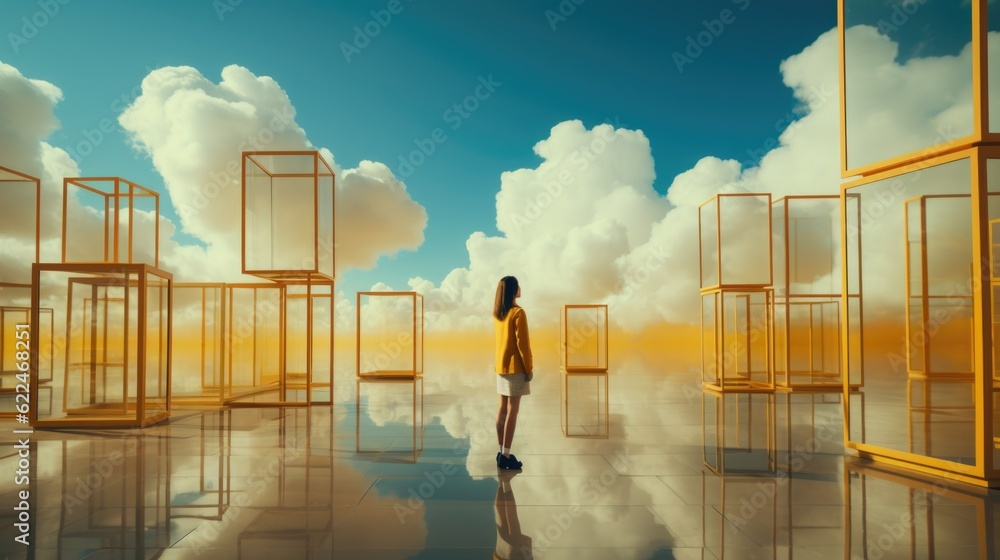 Poster a person standing in a room with a sky background. generative ai image.
