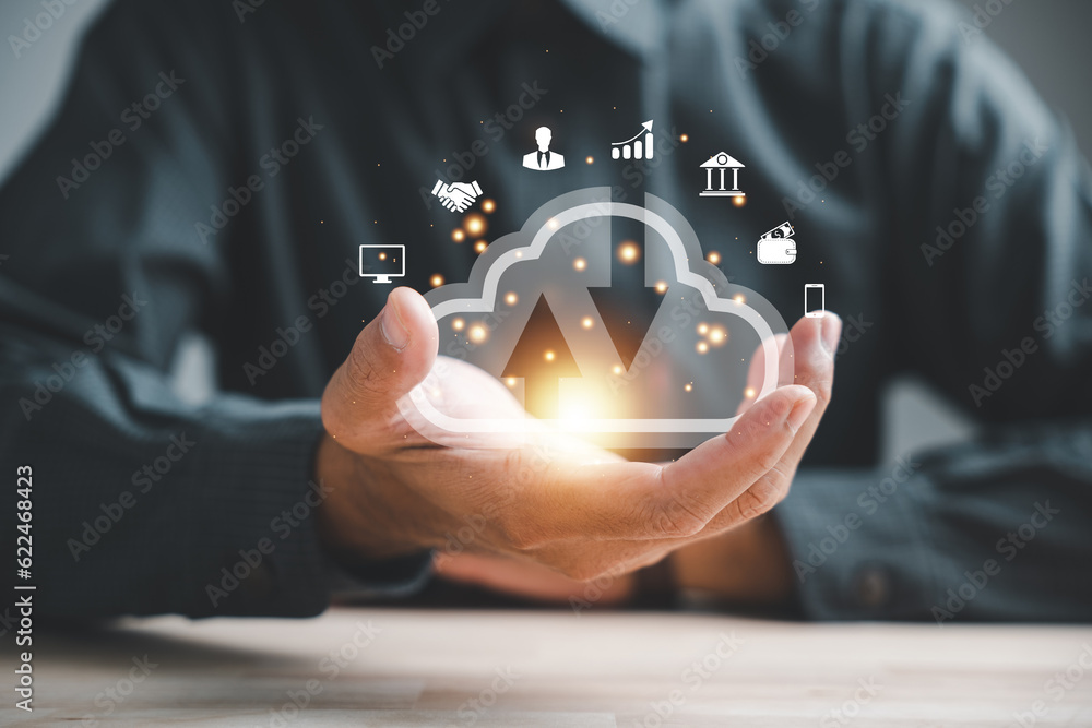 Aufkleber connected in digital era, a businessman hand hold digital icon, reflecting seamless connection betwe