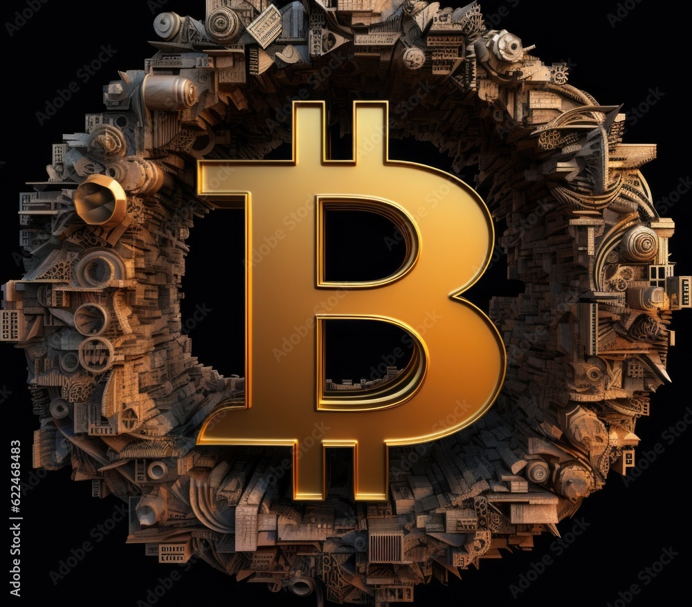 Poster a golden bitcoin surrounded by a circular frame. generative ai image.