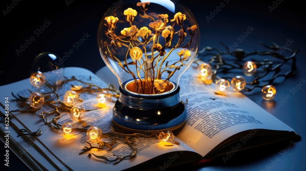 Poster a book with a light bulb on top of it. generative ai image.