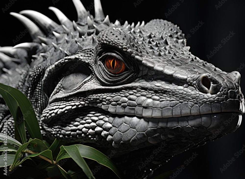 Poster a close up of a lizard's face with a plant in the foreground. generative ai image.