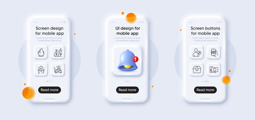 Fire energy, App settings and Delivery cart line icons pack. 3d phone mockups with bell alert. Glass smartphone screen. Package box, Recovery computer, Electricity price web icon. Vector