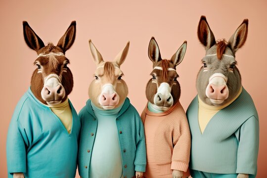 Group studio portrait of fat donkeys in clothes, concept of Animal fashion, created with Generative AI technology
