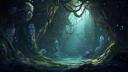 Twisted, shimmering vines that intertwine with the cave's rock formations, giving off a soft, enchanting glow game art