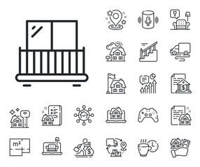 Building balconet sign. Floor plan, stairs and lounge room outline icons. Balcony line icon. Apartment terrace symbol. Balcony line sign. House mortgage, sell building icon. Real estate. Vector