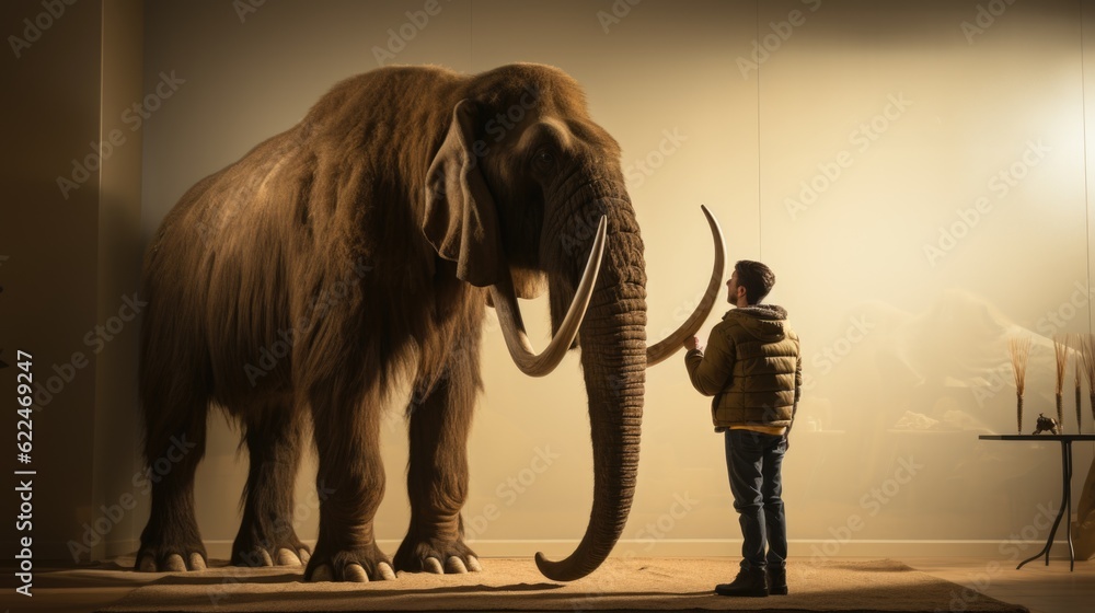 Poster a man standing in front of a stuffed elephant. generative ai image.