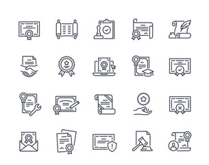 Outline icons set with diplomas and certificates. Simple stickers with Graduate documents, licenses and lease or sale transaction agreement. Linear flat vector collection isolated on white background