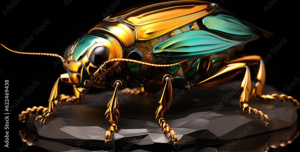 Aufkleber a close up of a colorful insect on a black surface. generative ai image.