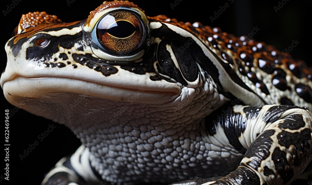 Poster a close up of a frog with a black background. generative ai image.