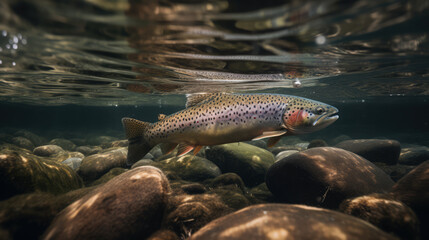 Brown Trout Underwater in Shallow River Water