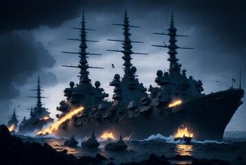 Ocean Conquest With Battleships at War Created With Generative Ai - obrazy, fototapety, plakaty