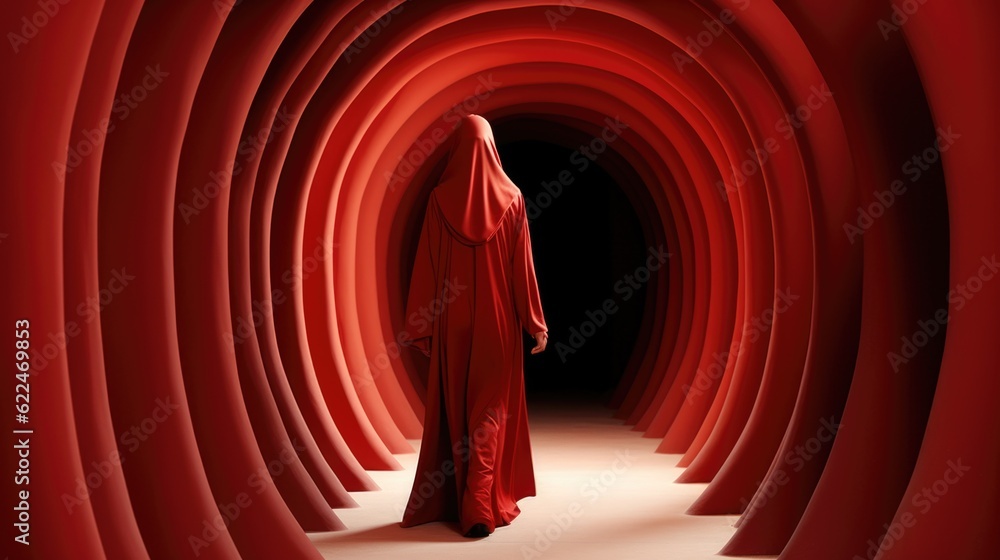 Wall mural A person in a red robe standing in a tunnel. Generative AI image.