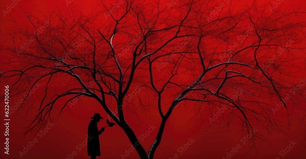 Poster a person standing next to a tree with no leaves. generative ai image.