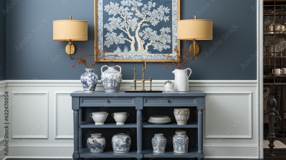Poster a blue and white table with vases on it. generative ai image.