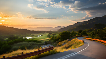 Aerial view of road in green meadows at sunset in summer. Top view from drone of rural road, mountains, forest. Beautiful landscape with roadway, sun rays, trees, hills, green grass, clouds Generative