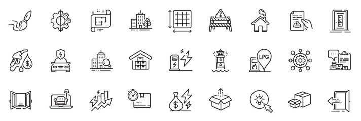 Icons pack as Petrol station, Send box and Home line icons for app include Lighthouse, Skyscraper buildings, Consumption growth outline thin icon web set. Inspect, Square area. Vector