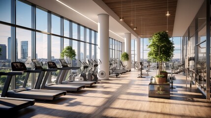 Fototapeta na wymiar Fully equipped gym with floor to ceiling windows, offering panoramic views while working out. Incorporate modern exercise equipment, a yoga studio, and a refreshing juice bar