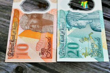 Egyptian new polymer money banknotes cash money bills background of Egyptian 20 EGP LE twenty...