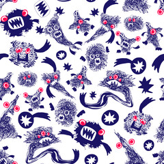 Funny monsters hand-drawn in free style of childrens drawing. Vector illustration