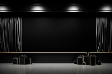 Black empty stage with black curtains and gift boxes.