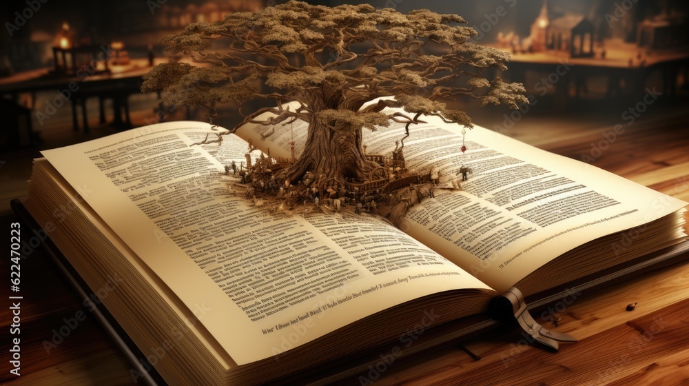 Poster an open book sitting on top of a wooden table. generative ai image.