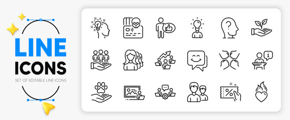 Heart flame, Teamwork chart and Photo studio line icons set for app include Women headhunting, Education, Discount coupon outline thin icon. Helping hand, Couple, Idea pictogram icon. Vector
