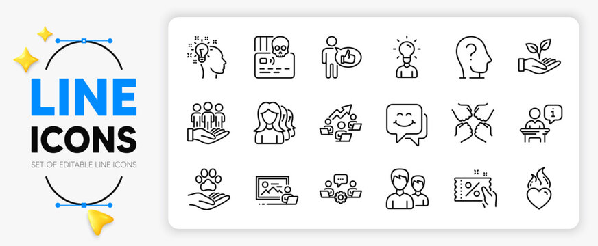 Heart flame, Teamwork chart and Photo studio line icons set for app include Women headhunting, Education, Discount coupon outline thin icon. Helping hand, Couple, Idea pictogram icon. Vector