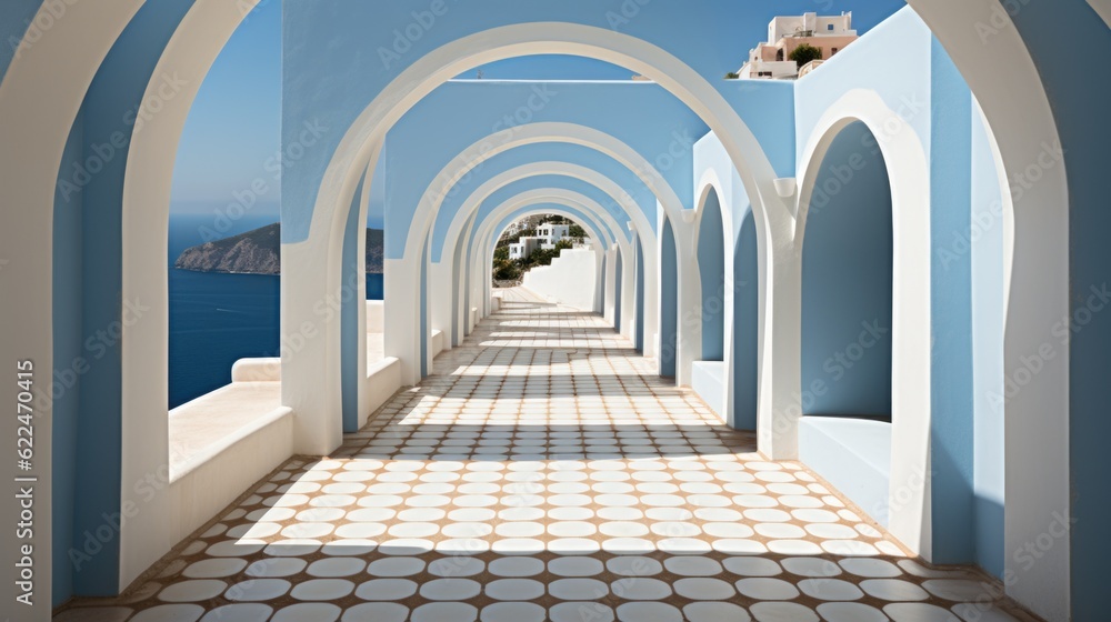 Poster a walkway with arches leading to the ocean. generative ai image.