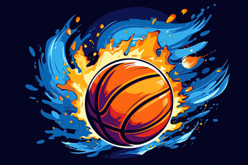 Basketball on Fire Illustration, Action Shot with Orange and Blue Flames on Black Background