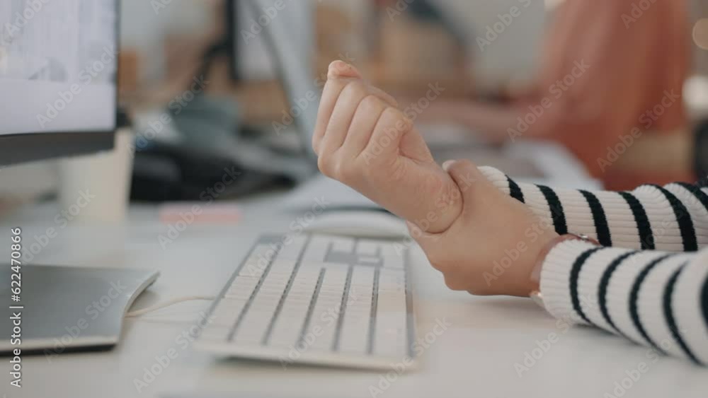 Aufkleber hands, typing and arthritis with a business woman holding her wrist in pain while working on a compu