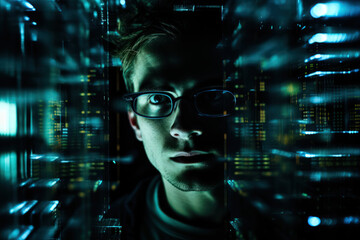 Cyber Security Illustrated with Man with Glasses and Green Technical Computer Monitor Overlay 