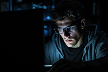 Hacker by Computer Monitor in Darkly Lit Room