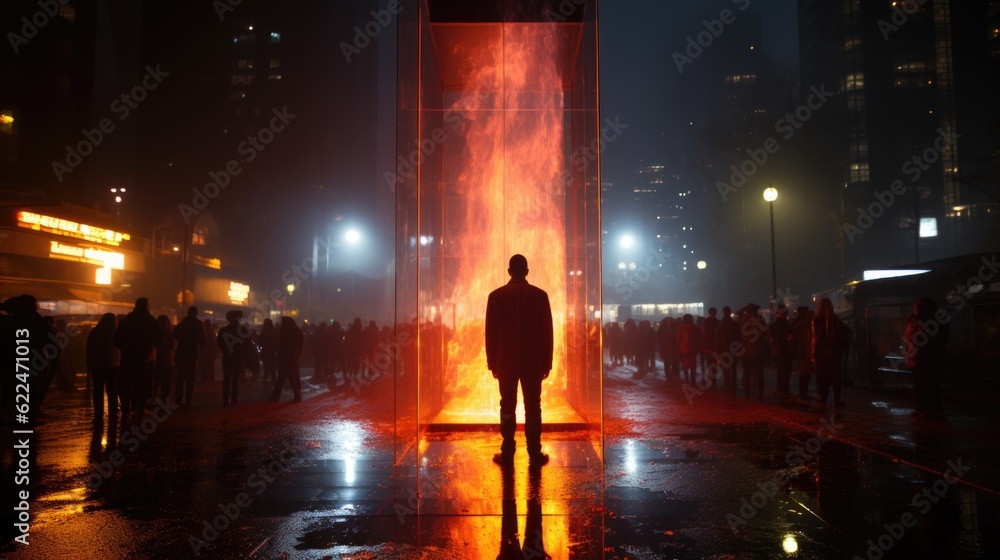 Poster a man standing in front of a fire hydrant. generative ai image.