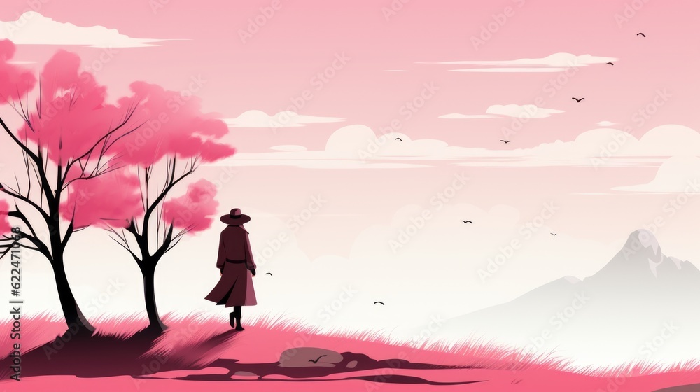 Poster a woman standing in a field next to a tree. generative ai image.