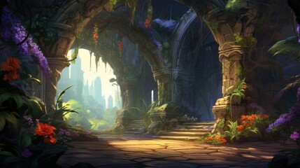 Fototapeta premium Illustrate a series of intricate archways adorned with colorful flowers and foliage, leading deeper into the beauty cave game art